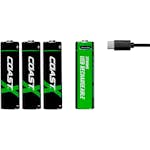 Batteri Coast Uppladdningsbara AA 1,5V 2400 mAh 4-pack inkl Laddningskabel