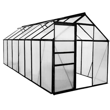 Växthus Green Land Svart Aluminiumstomme med Skjutdörr & Öppningsbara Polykarbonatfönster, 8,2 m²