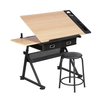 Ritbord Lykke Justerbart Arbetsbord med Träskiva, Lådor & Pall