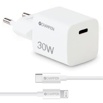 Laddare Champion 30W + USB-C till Lightning Kabel Vit