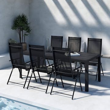 Trädgårdsmatgrupp Venture Home Mirko Matbord Svart med 6 st Levanzo Trädgårdsstolar Svart