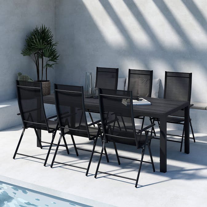 Trädgårdsmatgrupp Venture Home Mirko Matbord Svart med 6 st Levanzo Trädgårdsstolar Svart