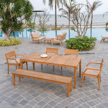 Matgrupp Utomhus Stockamöllan Gunnaröd med Träbord, 4 Trästolar, Bänk & Dynor