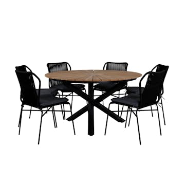 Matgrupp Utomhus Venture Home Meya med 6 Jefferson Stapelbara Trädgårdsstolar