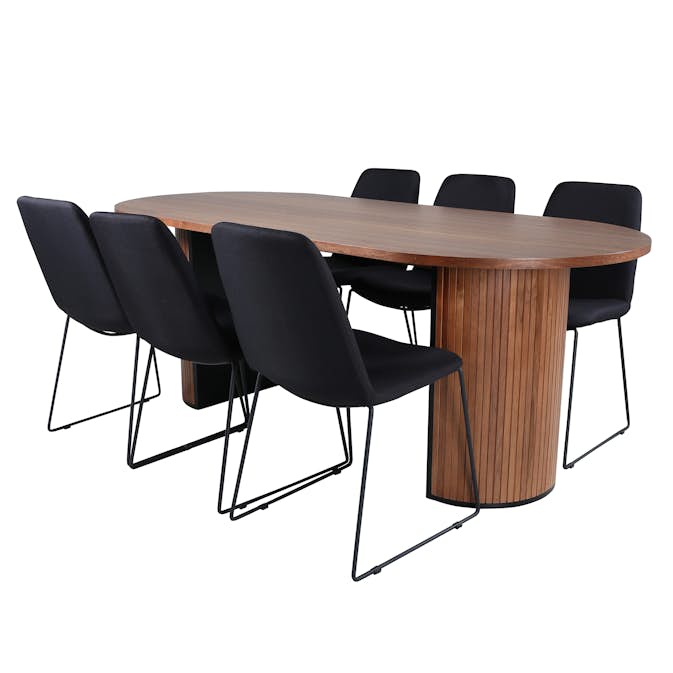 Matgrupp Venture Home Bianca Ovalt Matbord i Valnöt 200 cm & 6 Muscot Stolar i Polyester