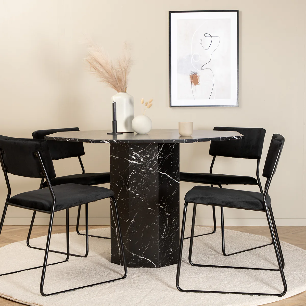 Marbs Round Dining Table - Black / Black Glass Marble+Kenth Sammet/Svart