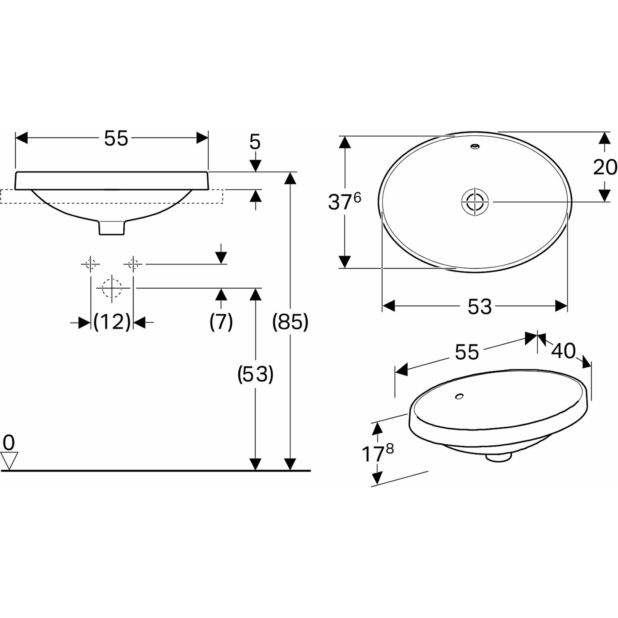 Tvättställ Geberit Variform 550 mm Infälld Ovalt
