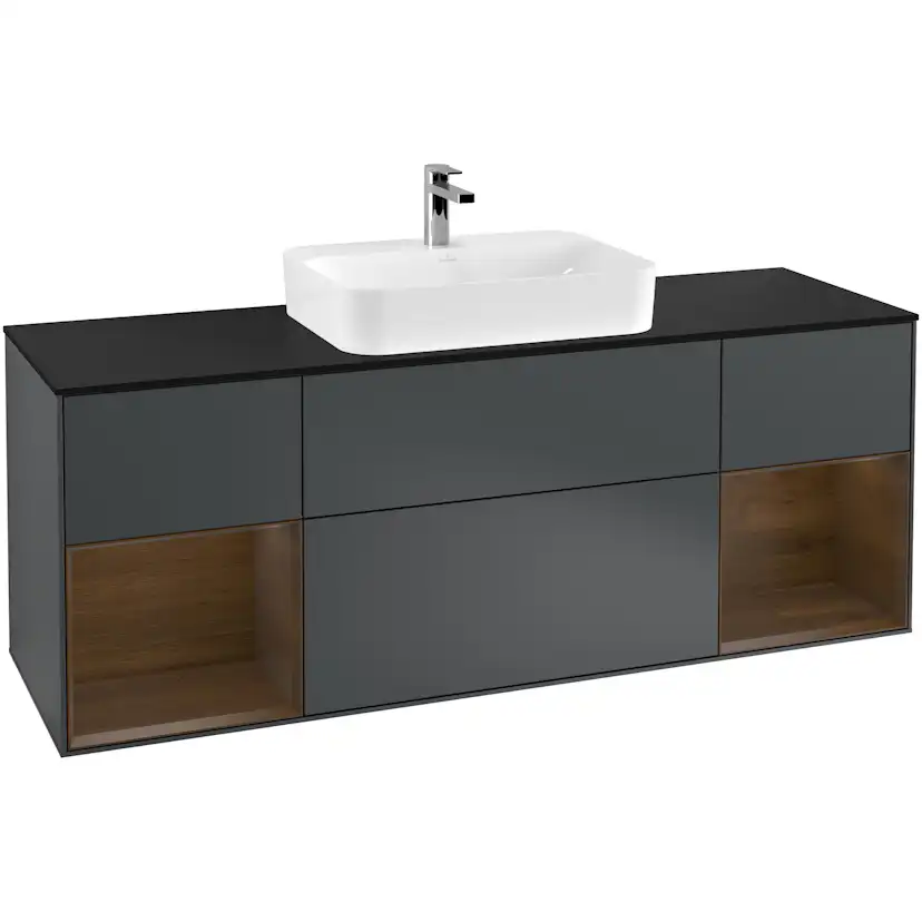 Tvättställsskåp Villeroy & Boch Finion F452GNHG Midnattsblå Mattlack/Valnötsfanér med bänkskiva i Mattsvart glas