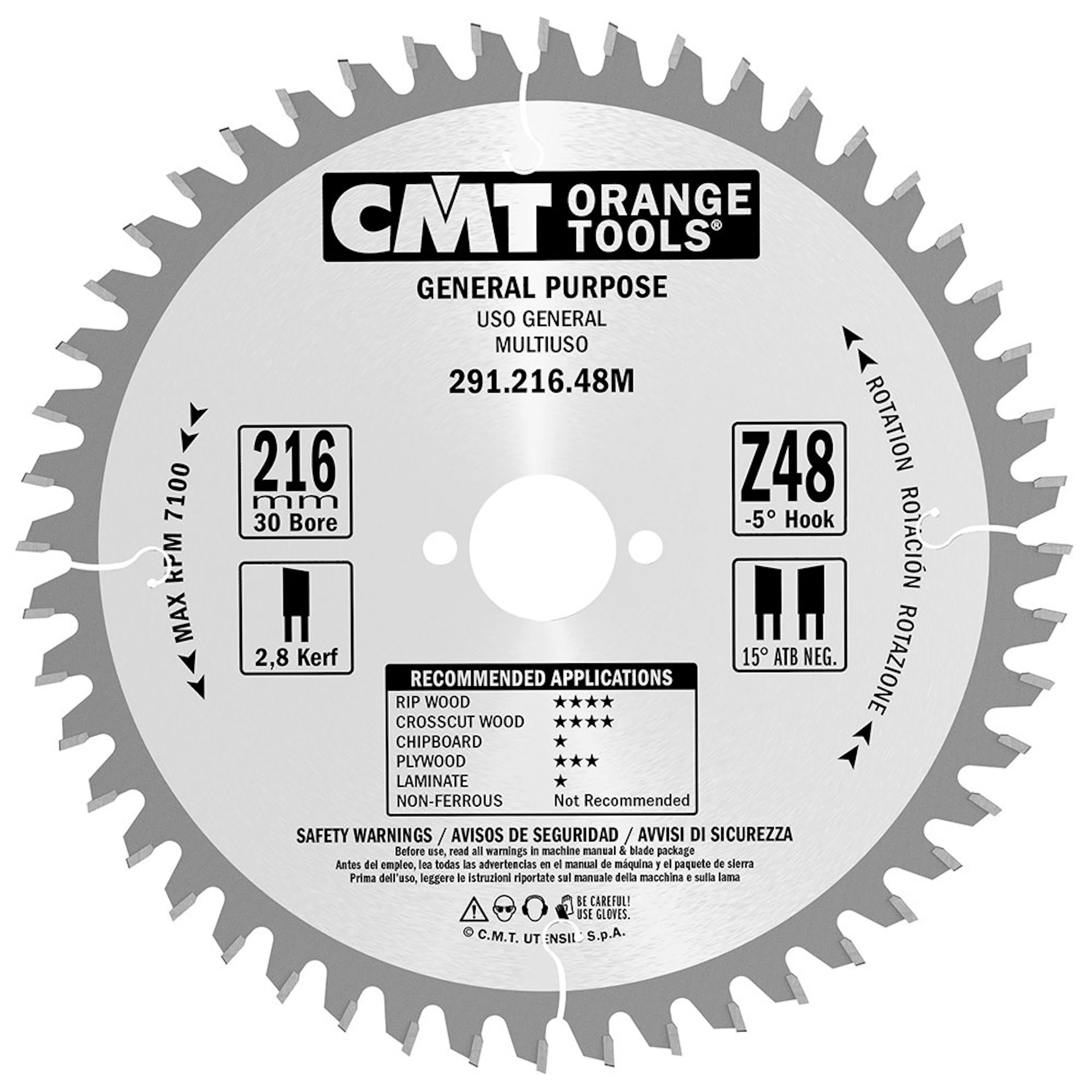 Sågklinga CMT Orange Tools Kapning/Klyvning 216x2,8x30 T48 W NEG