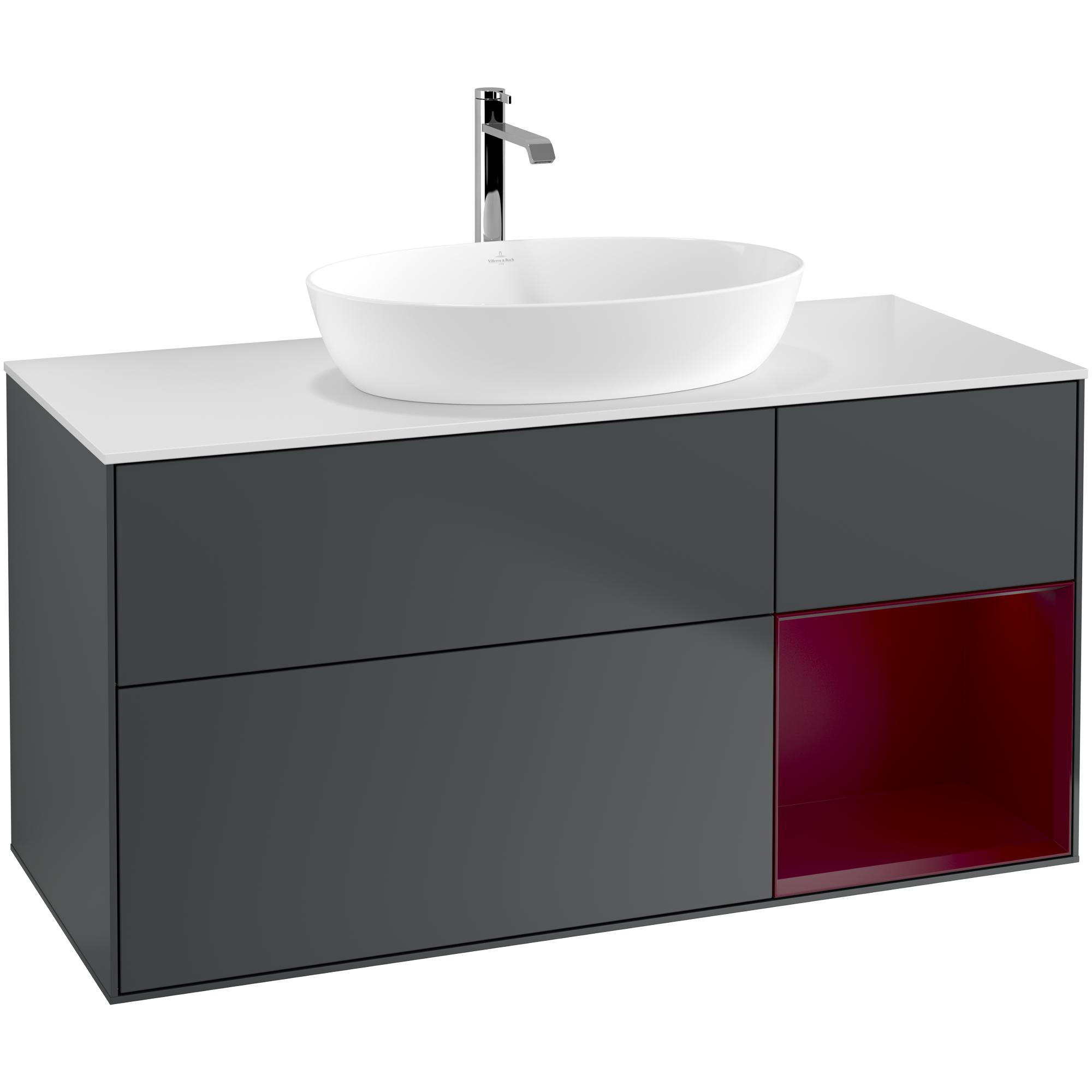 Tvättställsskåp Villeroy & Boch Finion GA71HBHG Midnattsblå Mattlack/Pion Mattlack med bänkskiva i Mattvitt glas med Väggbelysning, Lucka Höger Utan Blandarhål