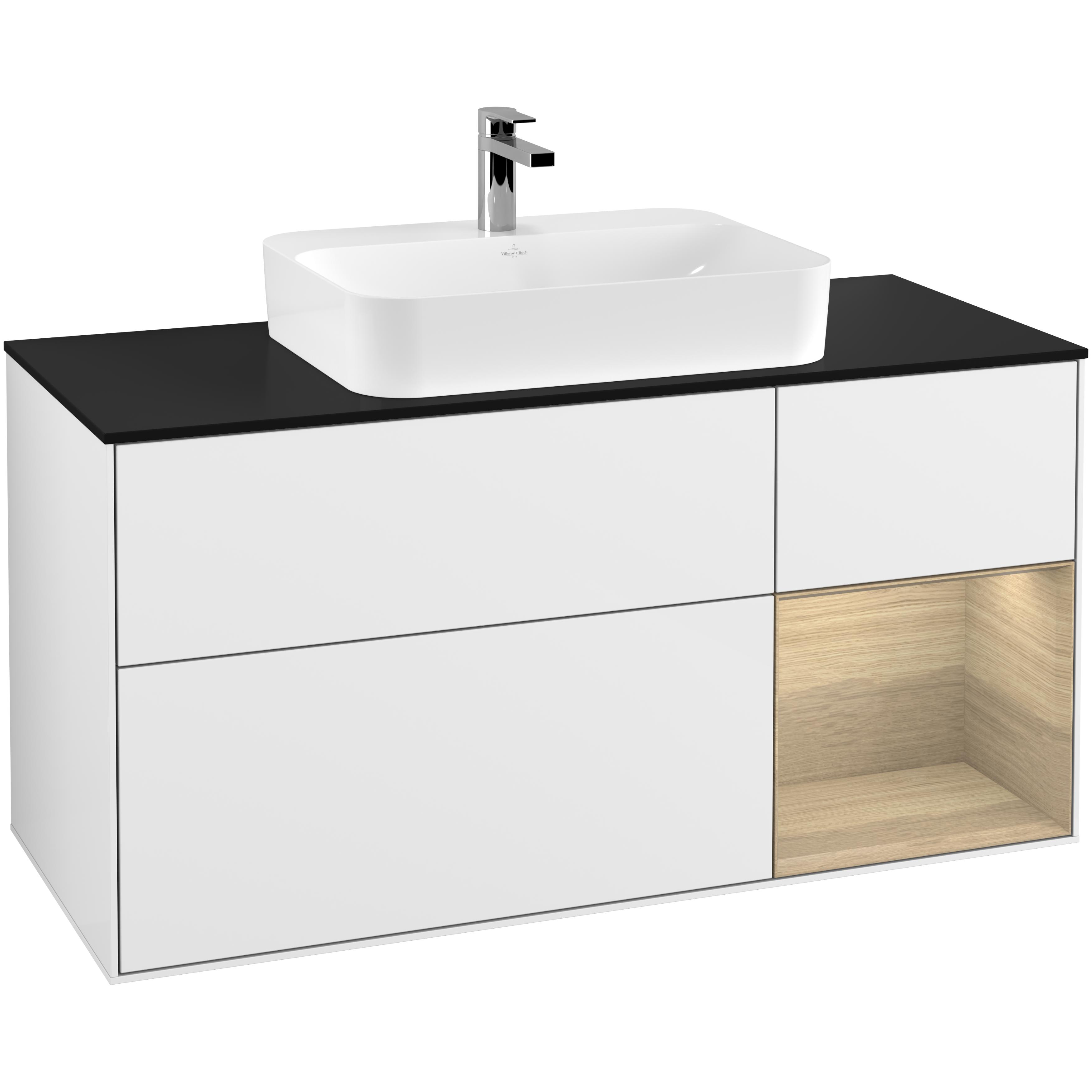 Tvättställsskåp Villeroy & Boch Finion F422PCGF Vit Högblank/Ekfanér med bänkskiva i Mattsvart glas, Lucka Höger
