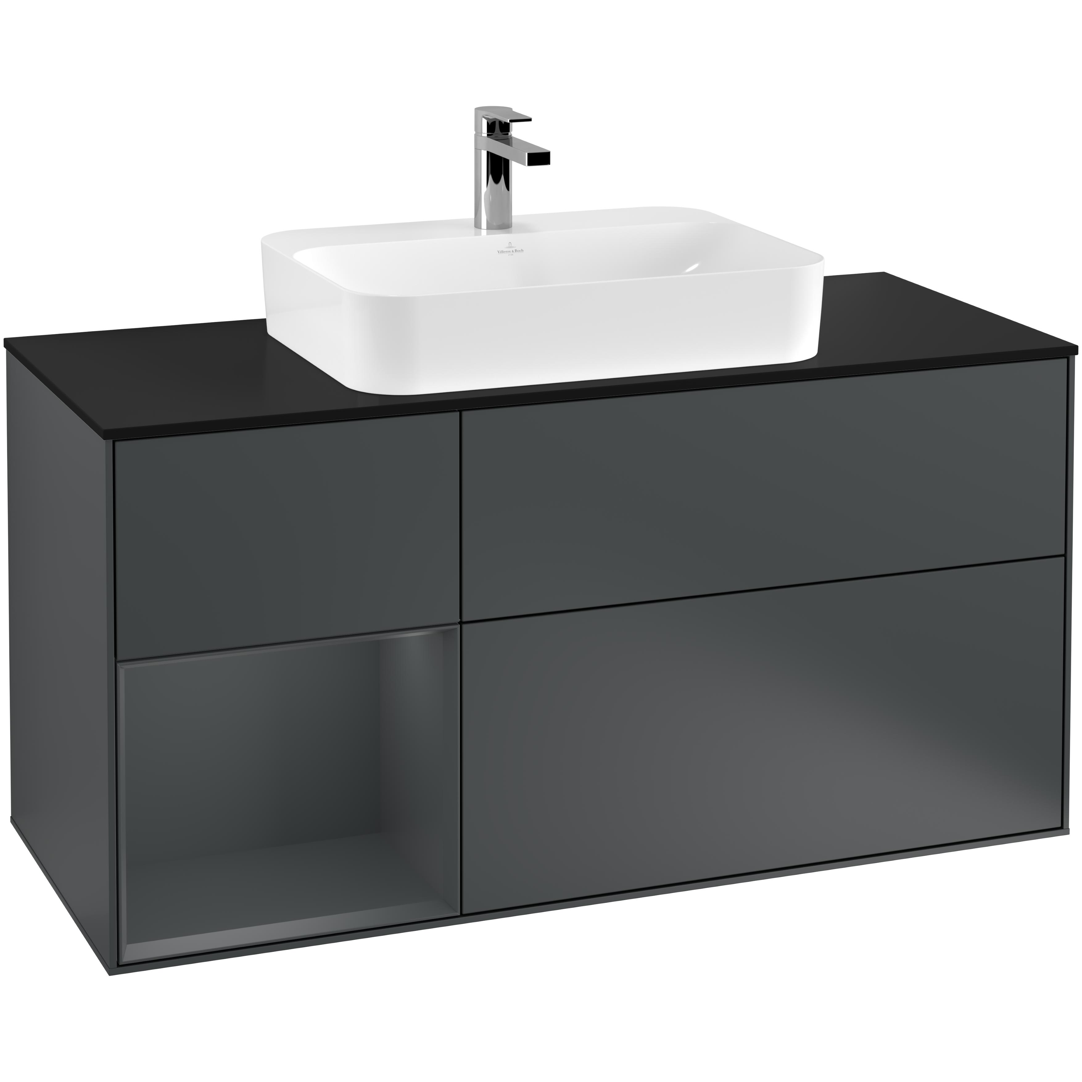 Tvättställsskåp Villeroy & Boch Finion G412HGHG Midnattsblå Mattlack/Midnattsblå Mattlack med bänkskiva i Mattsvart glas med Väggbelysning, Lucka Vänster
