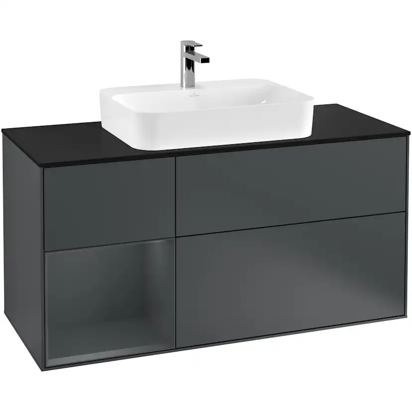 Tvättställsskåp Villeroy & Boch Finion G412HGHG Midnattsblå Mattlack/Midnattsblå Mattlack med bänkskiva i Mattsvart glas med Väggbelysning, Lucka Vänster
