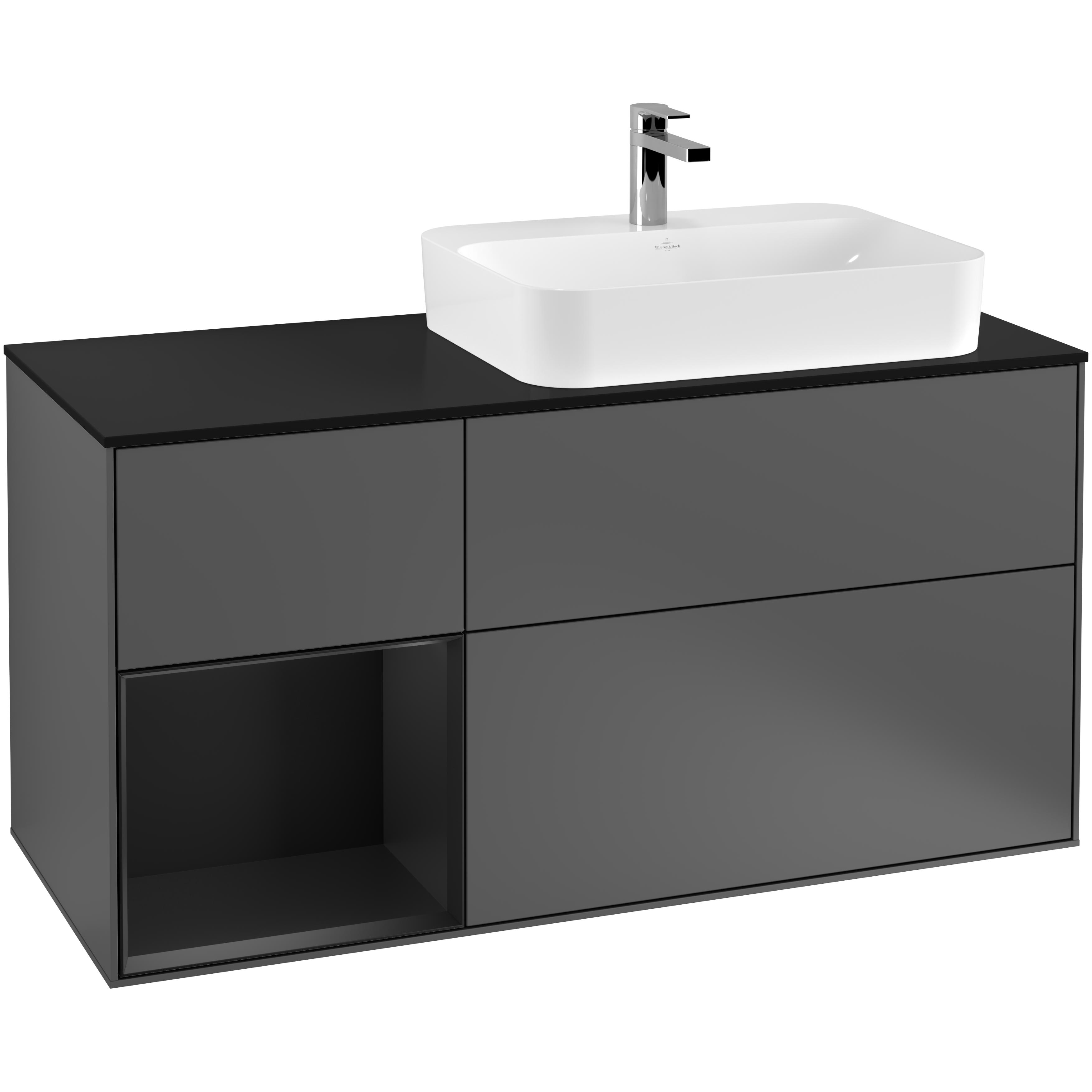 Tvättställsskåp Villeroy & Boch Finion F392PDGK Antracitgrå Mattlack/Svart Mattlack med bänkskiva i Mattsvart glas, Lucka Vänster