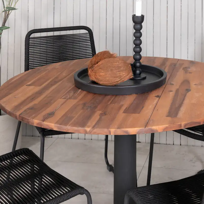 Cot Dining Table - Black steel / Acacia (teaklook) - ø100cm+ Svart