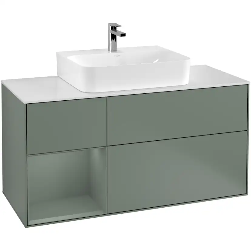 Tvättställsskåp Villeroy & Boch Finion G161GMGM Oliv Mattlack/Oliv Mattlack med bänkskiva i Mattvitt glas med Väggbelysning, Lucka Vänster