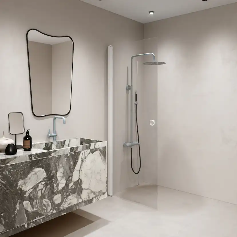 Forma 302 Vändbar duschvägg 835x2025 mm, Klarglas, Vita Profiler