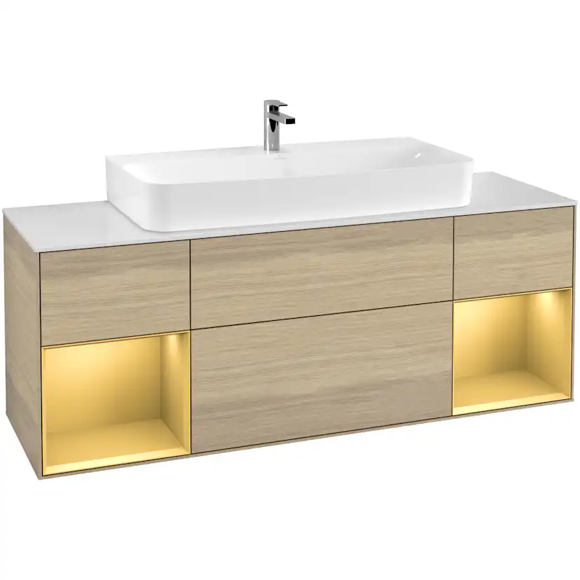 Tvättställsskåp Villeroy & Boch Finion F211HFPC Ekfanér/Guld Mattlack med bänkskiva i Mattvitt glas