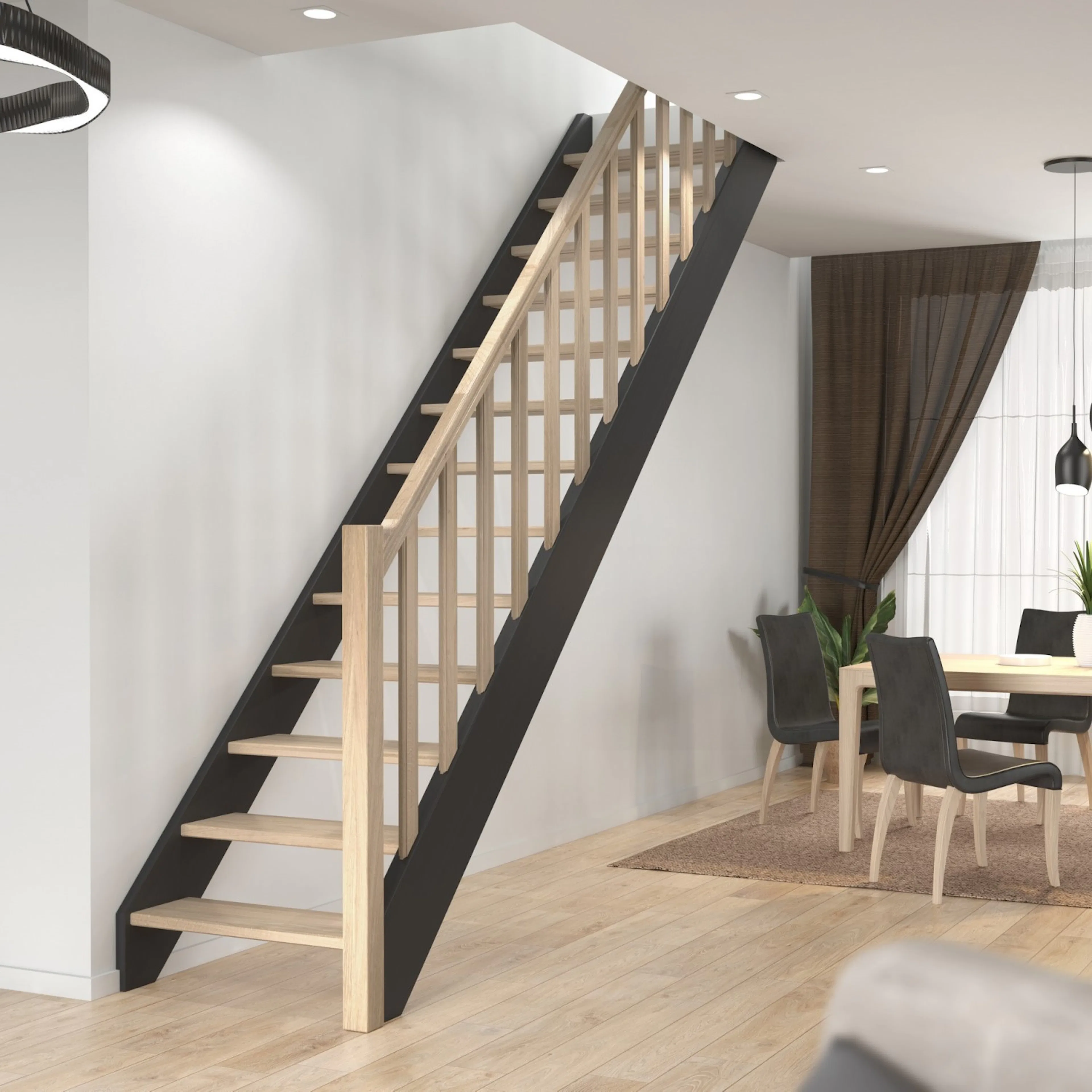 Spartrappa Dolle Helsinki Svart/Ek Rak Räcke med Träbalustrar
