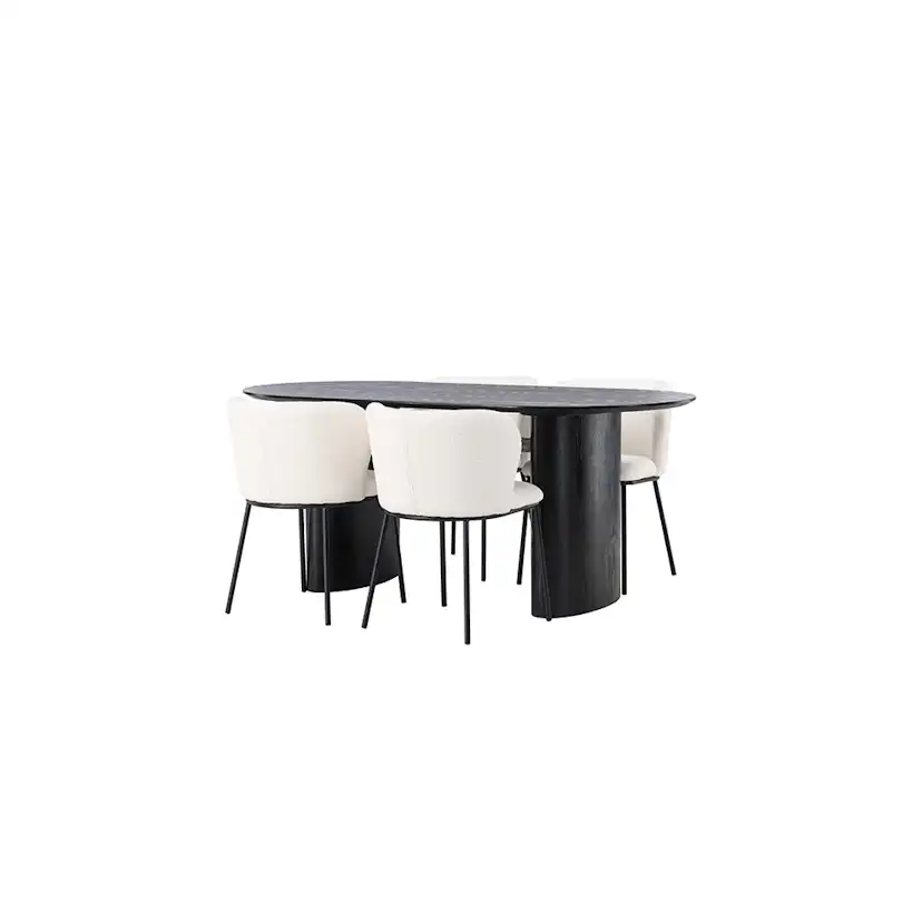 Matgrupp Venture Home Isolde Ovalt Matbord 180 cm & 4 Edina Stolar i Vit Boucle