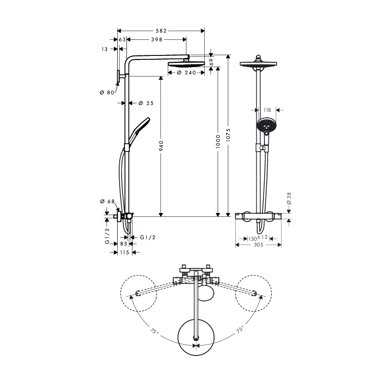 Takduschset Hansgrohe Raindance Select S Showerpipe 240 2-jet 150 cc