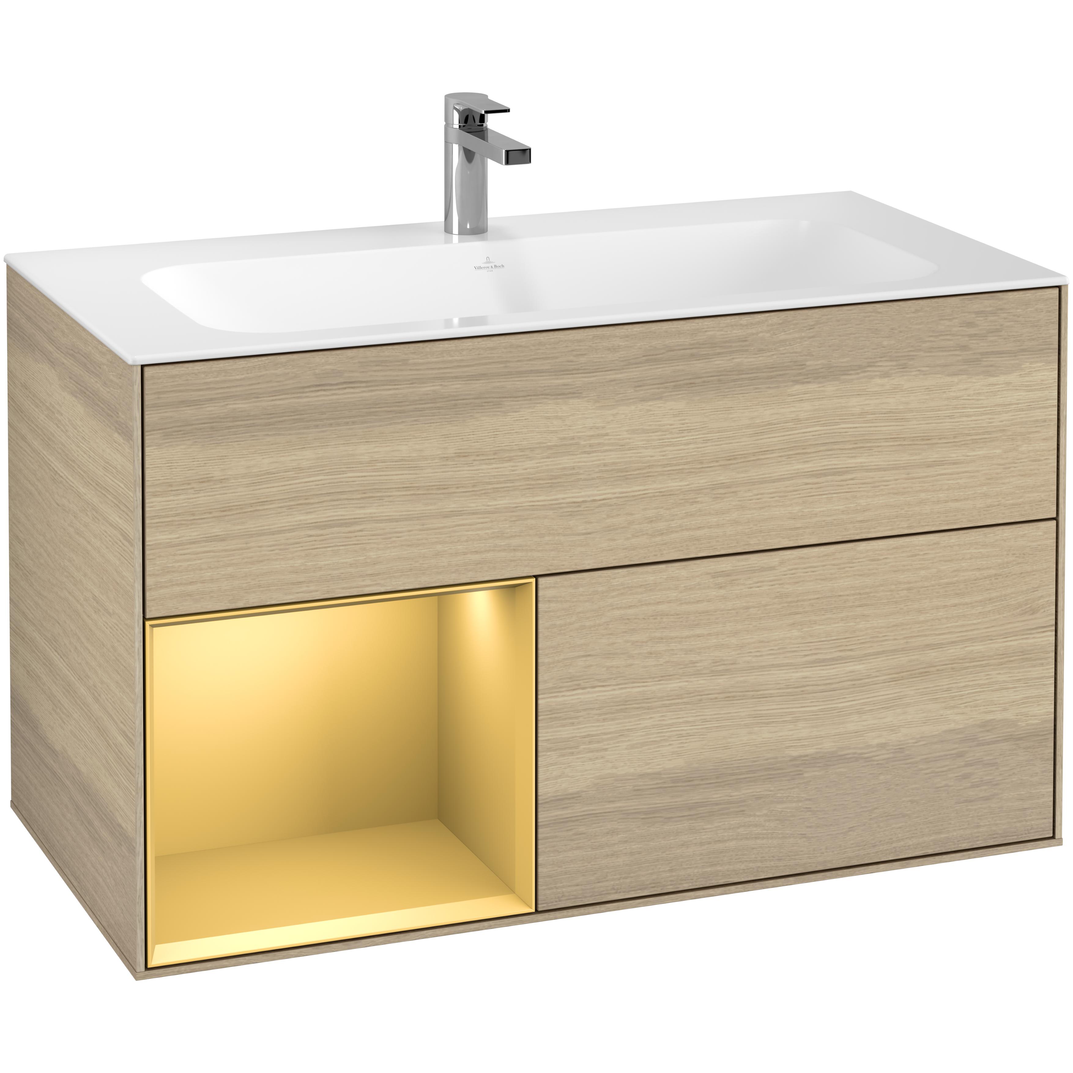 Tvättställsskåp Villeroy & Boch Finion G030HFPC Ekfanér/Guld Mattlack med Väggbelysning, Lucka Vänster