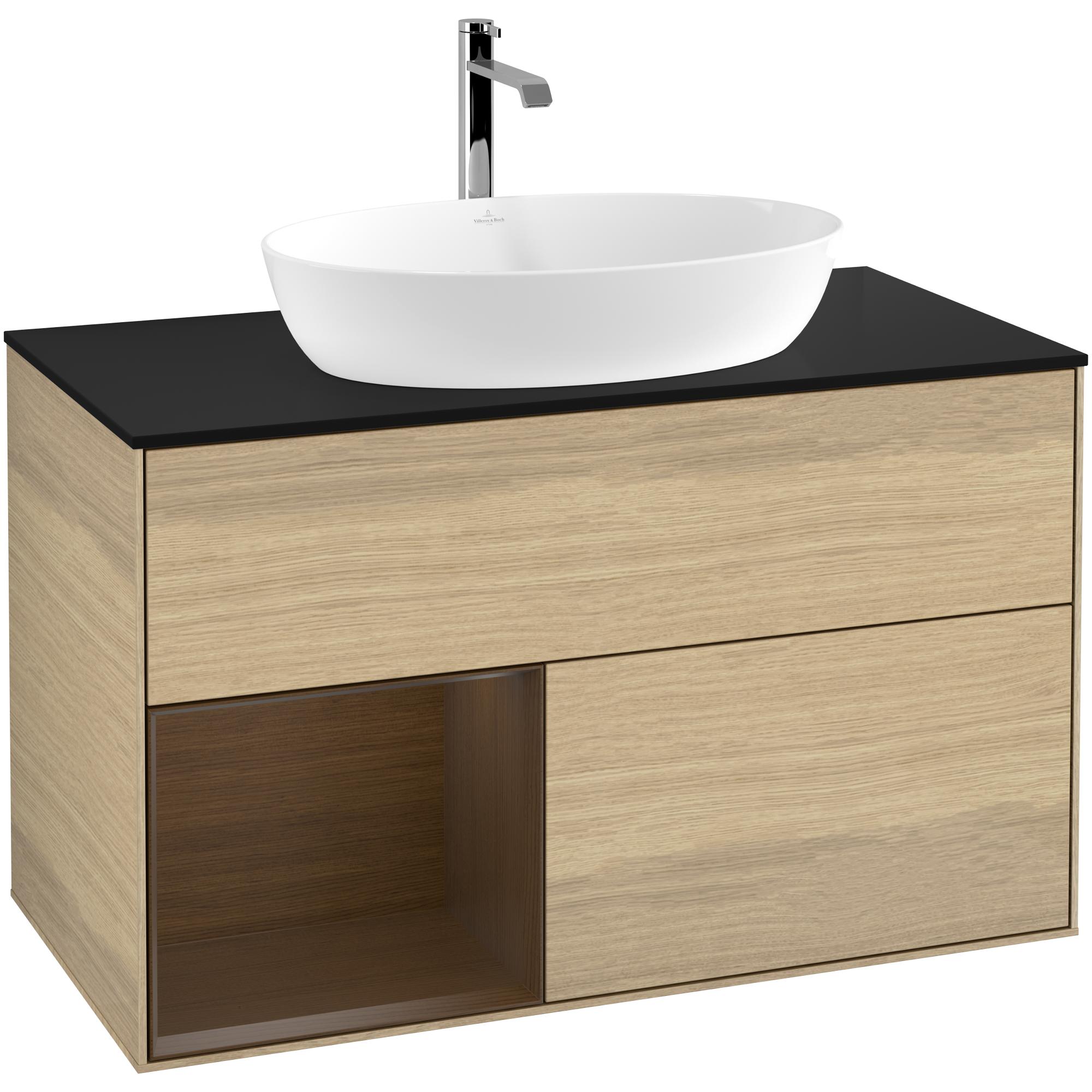 Tvättställsskåp Villeroy & Boch Finion G772GNPC Ekfanér/Valnötsfanér med bänkskiva i Mattsvart glas med Väggbelysning, Lucka Vänster Med Blandarhål