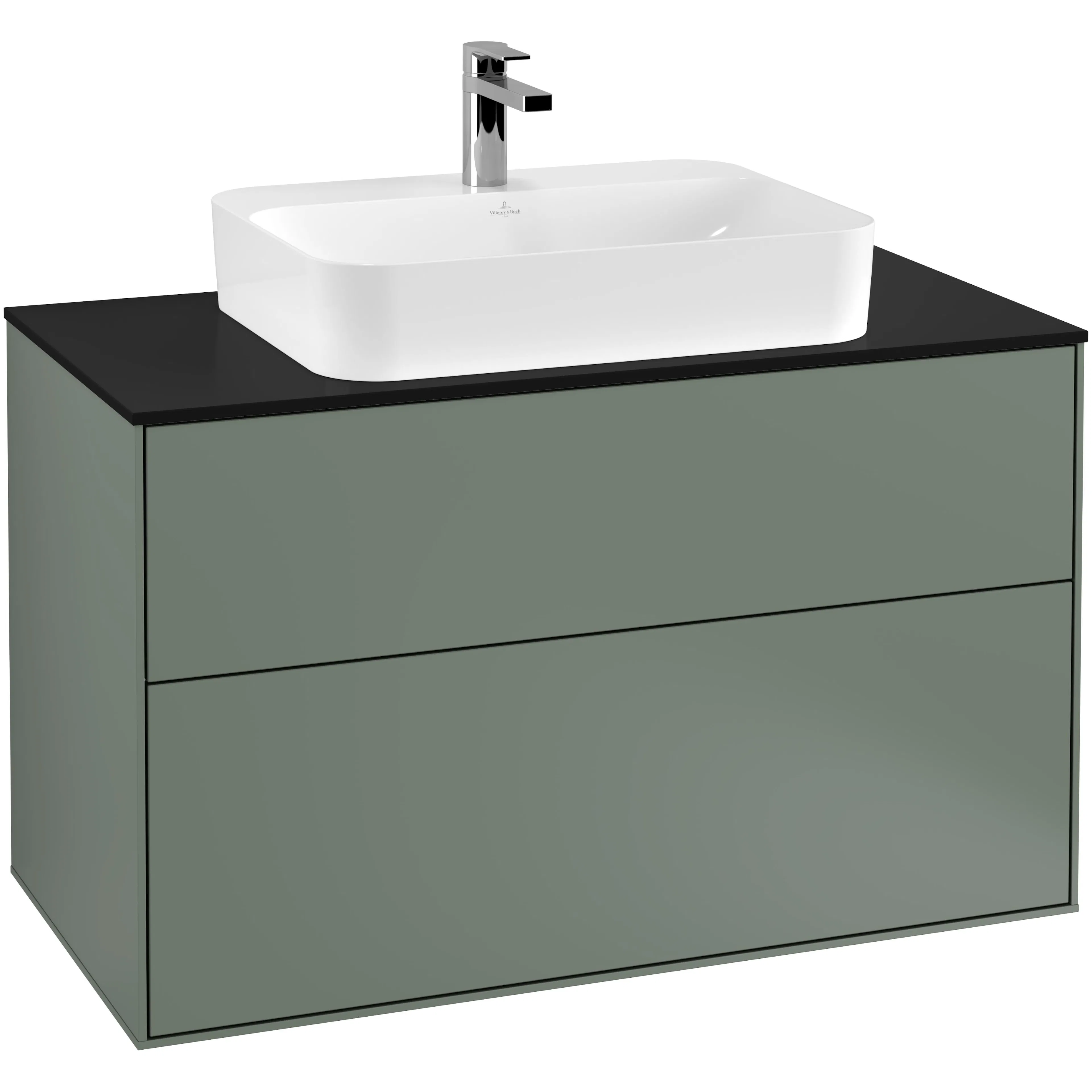 Tvättställsskåp Villeroy & Boch Finion G35200GM Oliv Mattlack, B: 1000 mm med bänkskiva i Mattsvart glas med Väggbelysning