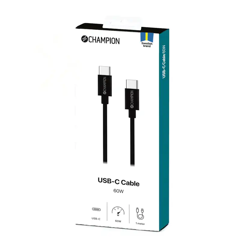 USB-C Champion Kabel 60W 1m Svart
