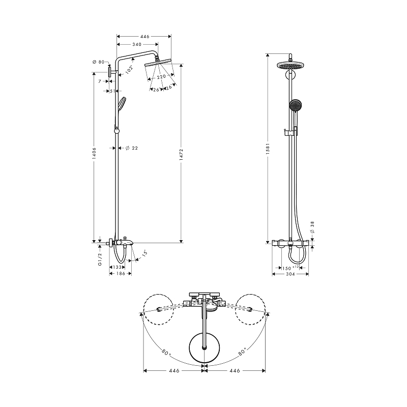 Takduschset Hansgrohe Croma 220 Showerpipe med Badkarsblandare 150 cc