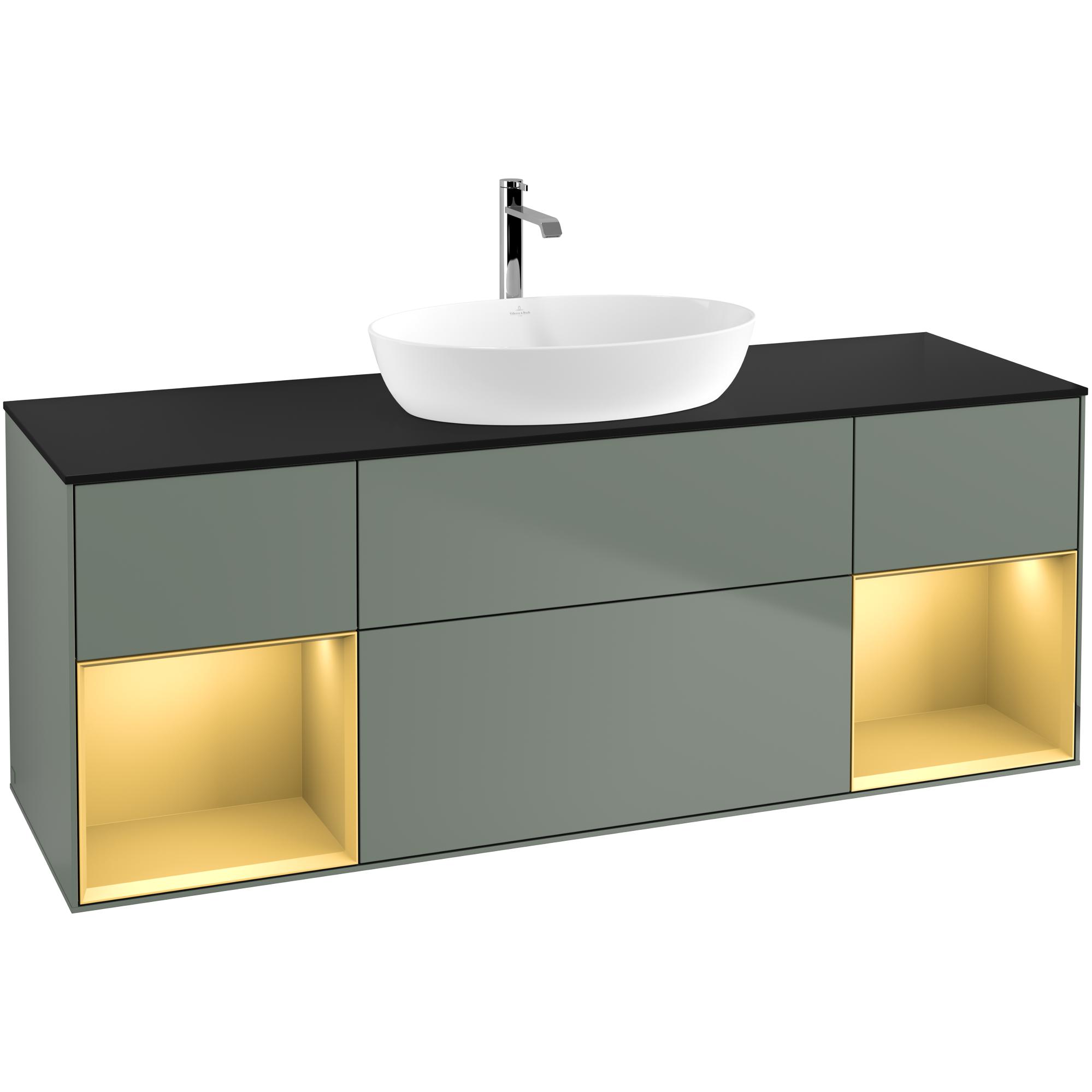 Tvättställsskåp Villeroy & Boch Finion G862HFGM Oliv Mattlack/Guld Mattlack med bänkskiva i Mattsvart glas med Väggbelysning Med Blandarhål utan Väggbelysning