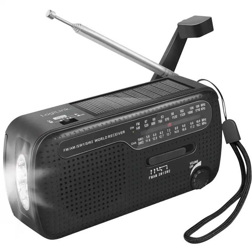 Vevradio LogiLink med Ficklampa och Solcell