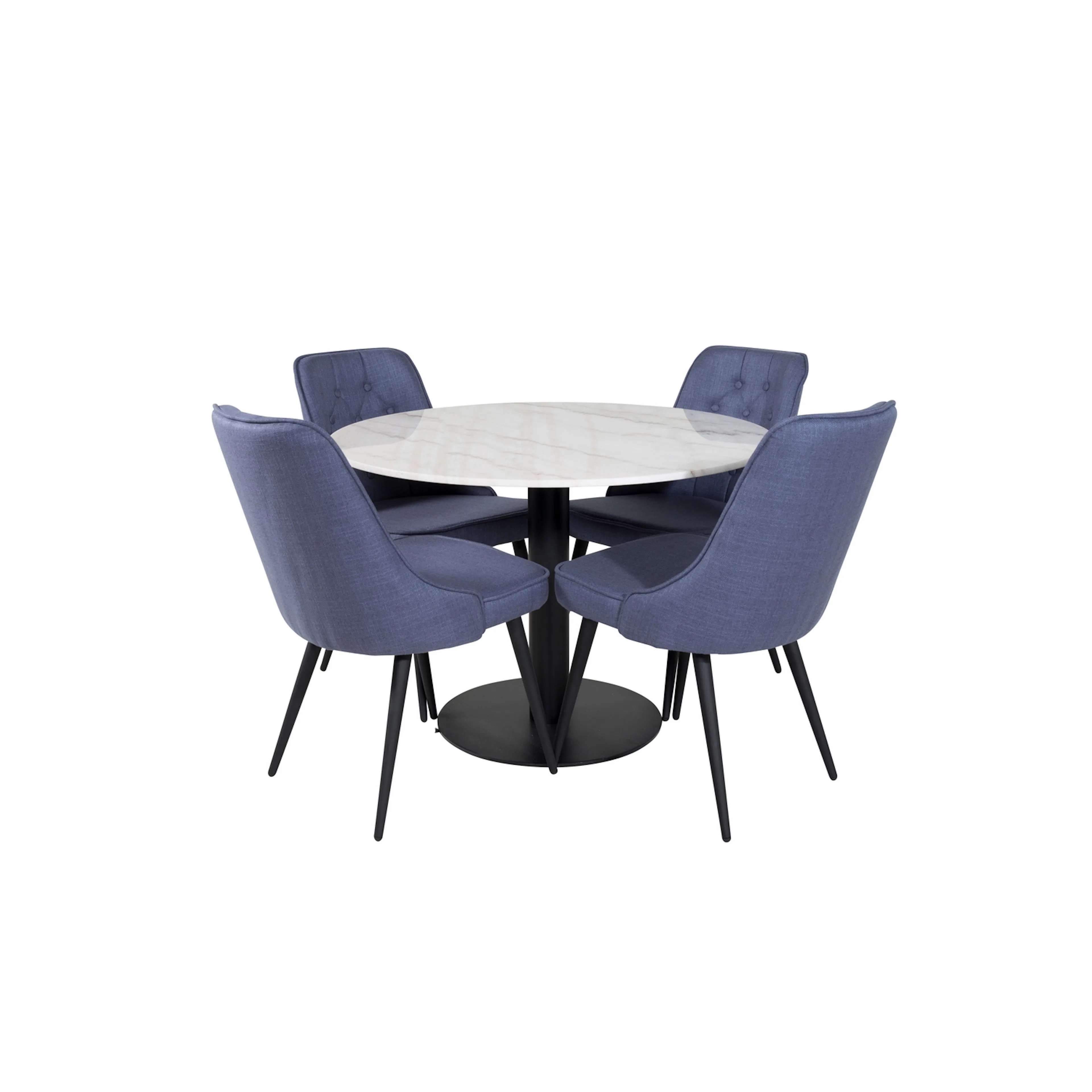 Estelle Round Dining Table/Deluxe Dining Chair-Blue Fabric_4 Vit/Svart/Blå