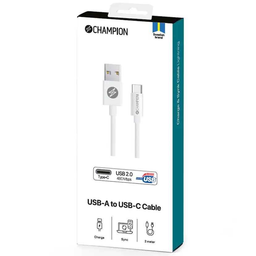 USB-A Champion till USB-C Kabel 2m Vit