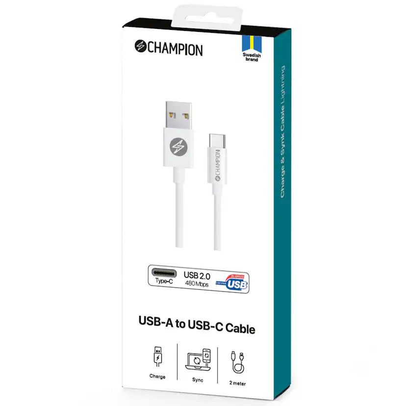 USB-A Champion till USB-C Kabel 2m Vit