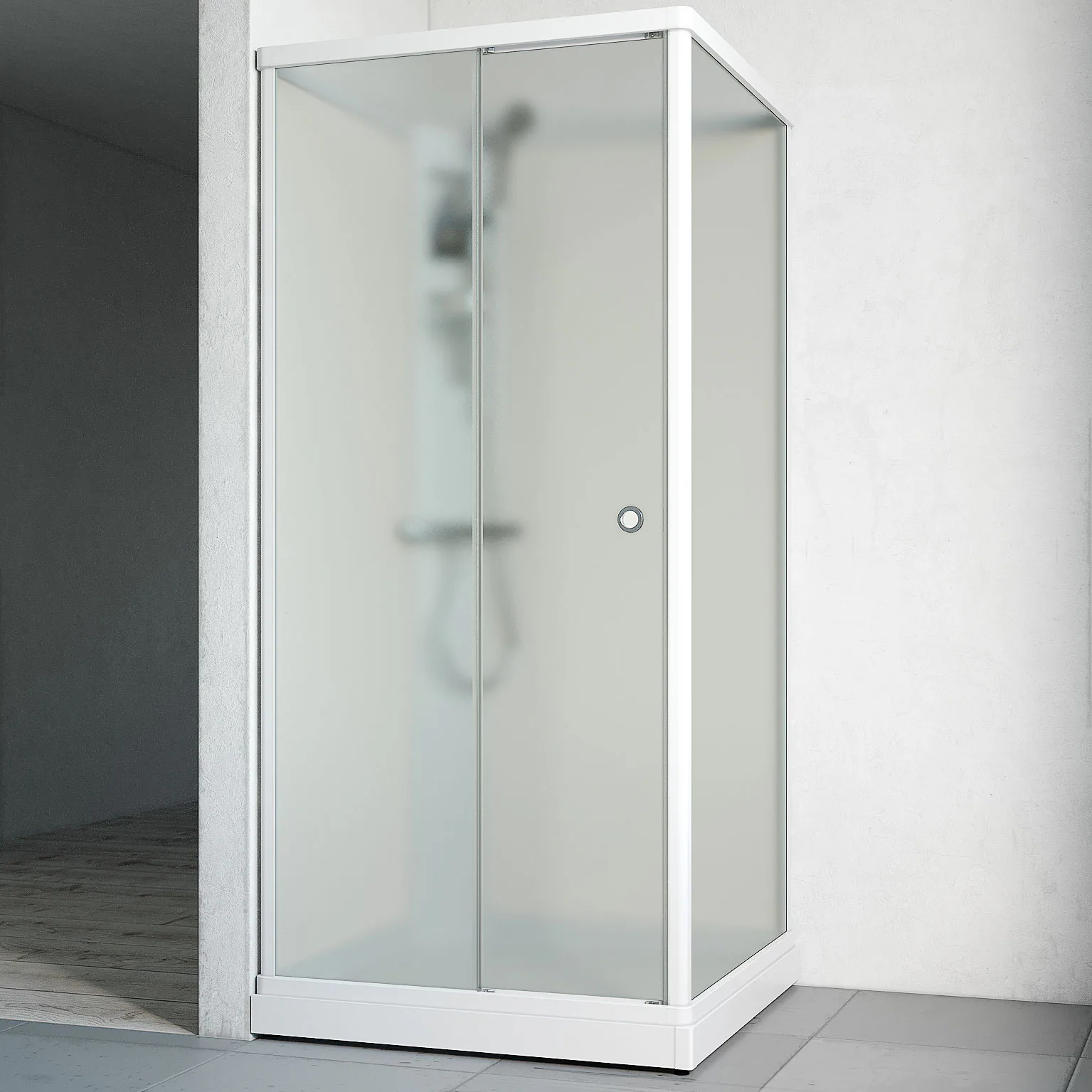 Duschkabin Macro Design Flow Front med Blandare, 810x810 mm, Vit Profil, Ice/Vit bakvägg