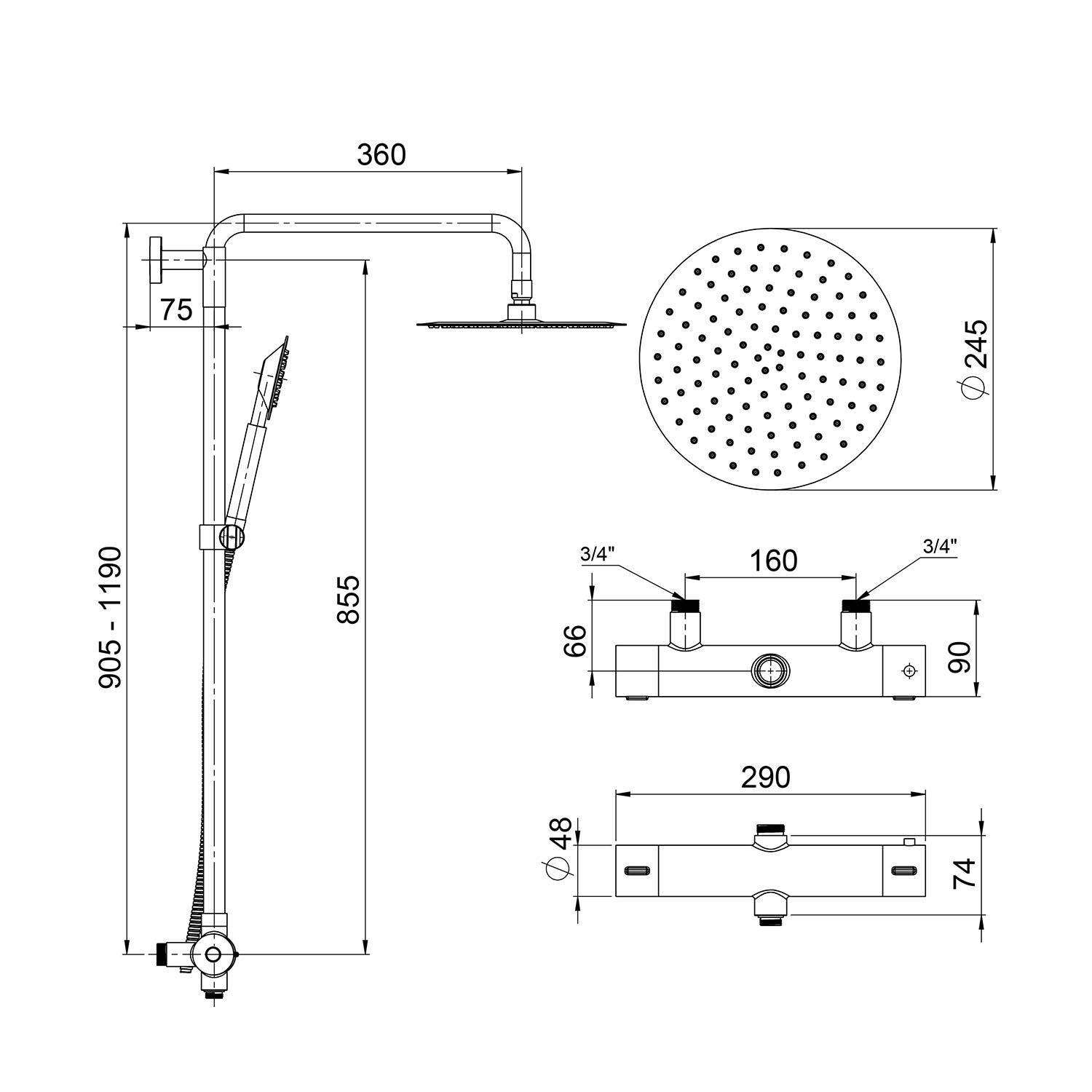 Takduschset Strand Stainless Titan