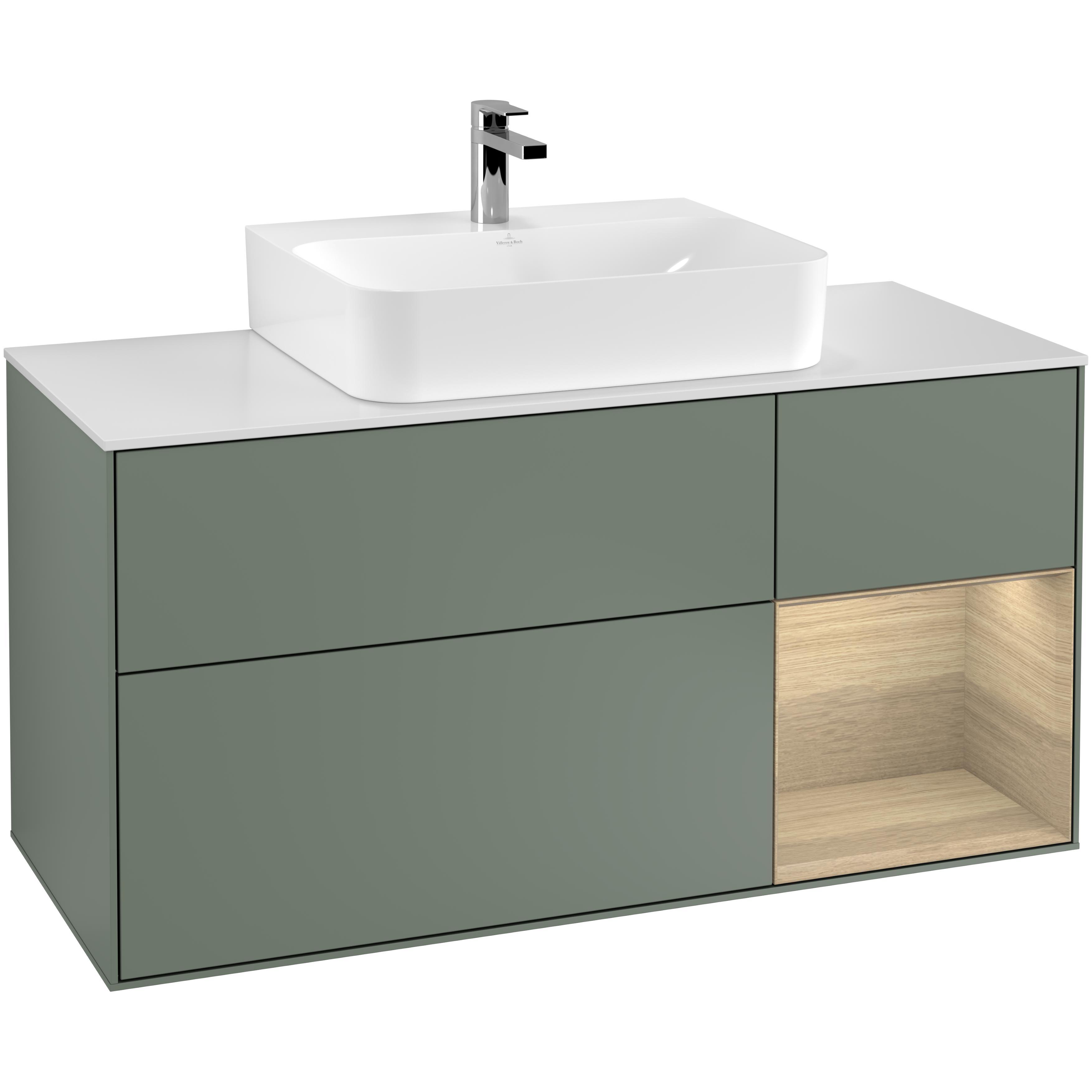 Tvättställsskåp Villeroy & Boch Finion F171PCGM Oliv Mattlack/Ekfanér med bänkskiva i Mattvitt glas, Lucka Höger