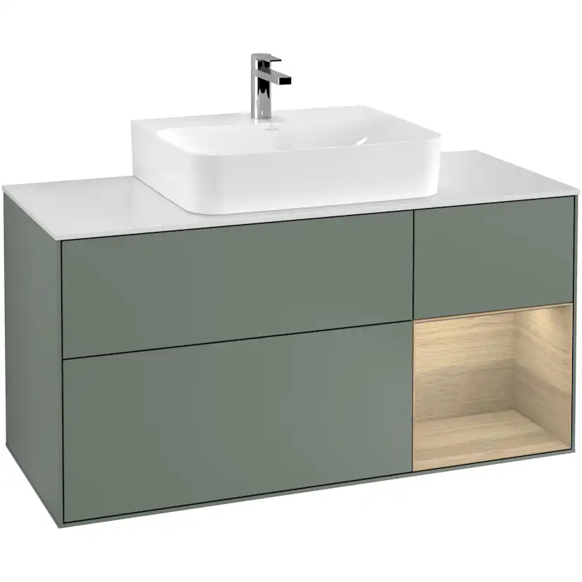 Tvättställsskåp Villeroy & Boch Finion F171PCGM Oliv Mattlack/Ekfanér med bänkskiva i Mattvitt glas, Lucka Höger