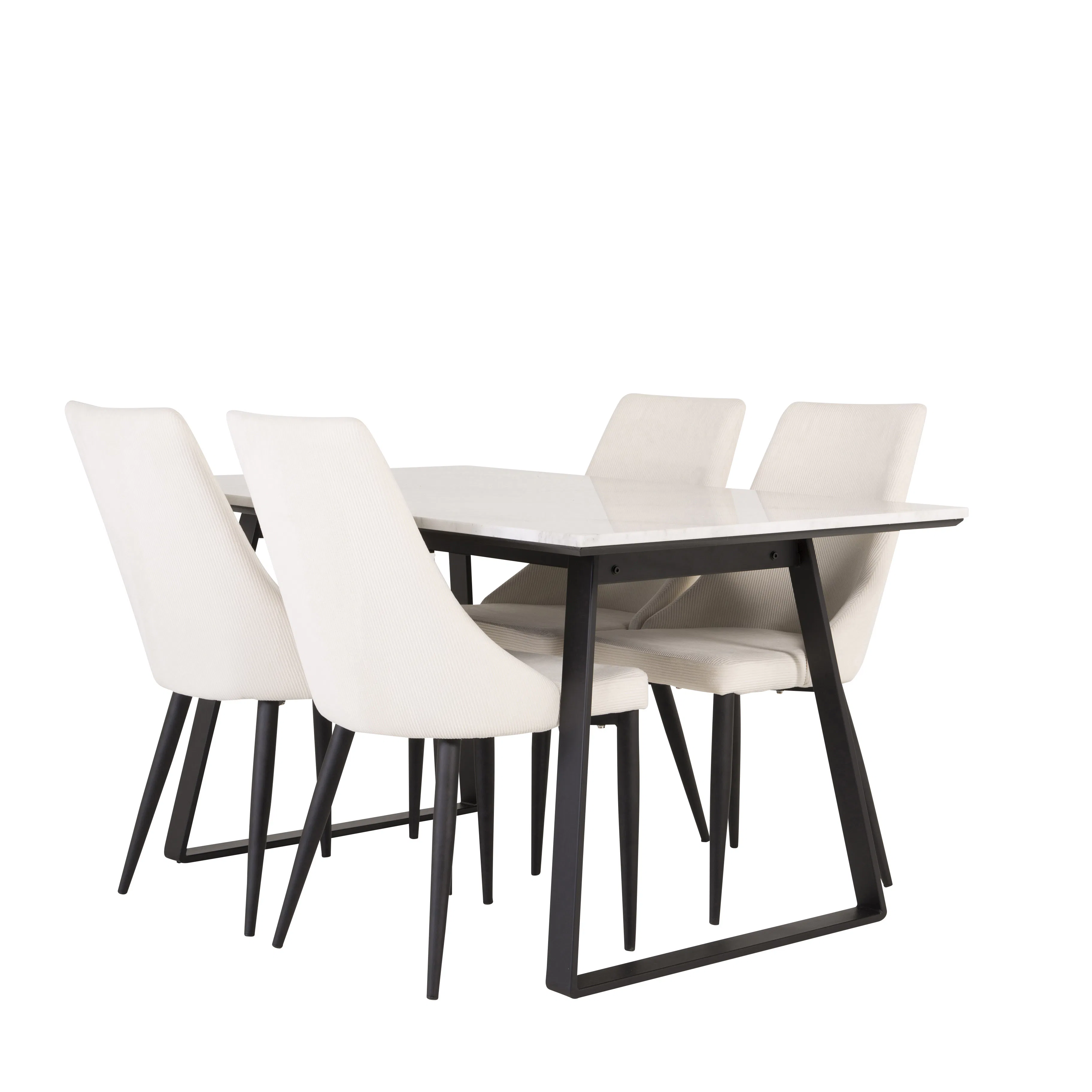 EstelleBord140*90-VitMarble/Black+LeoneStol-Black/Beige4 Vit Bord med Svarta Ben, Beige Stol med Svarta Ben