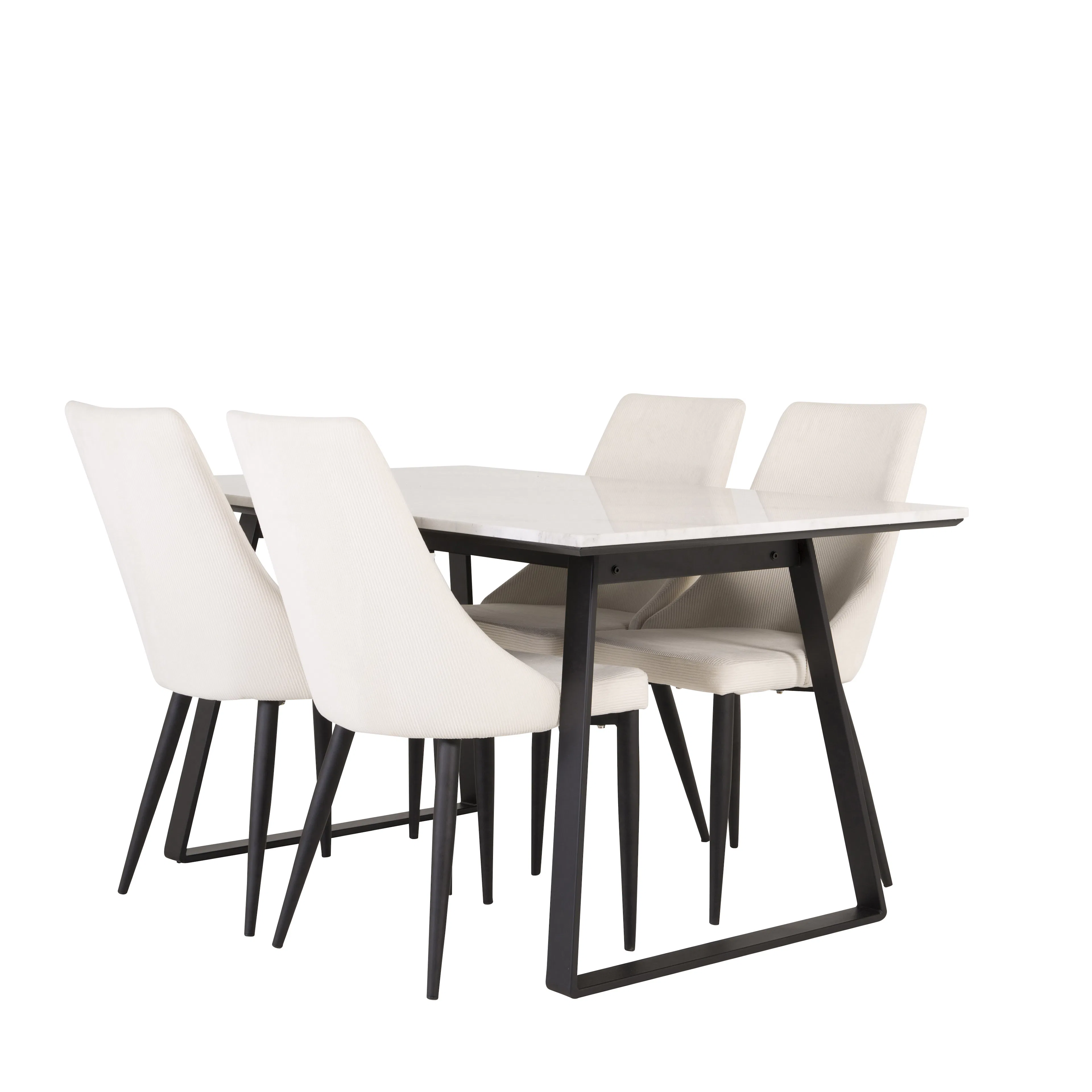 EstelleBord140*90-VitMarble/Black+LeoneStol-Black/Beige4 Vit Bord med Svarta Ben, Beige Stol med Svarta Ben