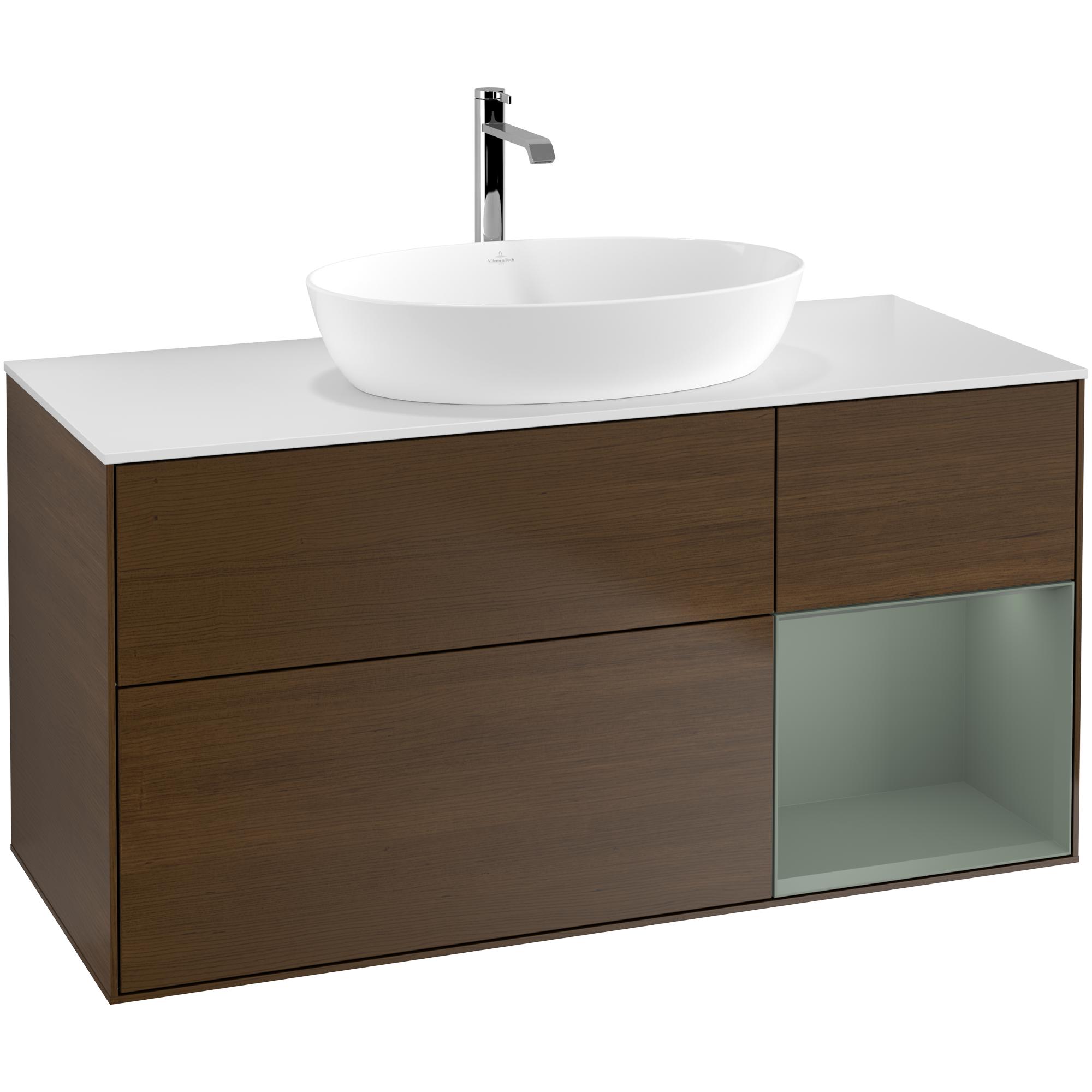 Tvättställsskåp Villeroy & Boch Finion GA71GMGN Valnötsfanér/Oliv Mattlack med bänkskiva i Mattvitt glas med Väggbelysning, Lucka Höger Utan Blandarhål
