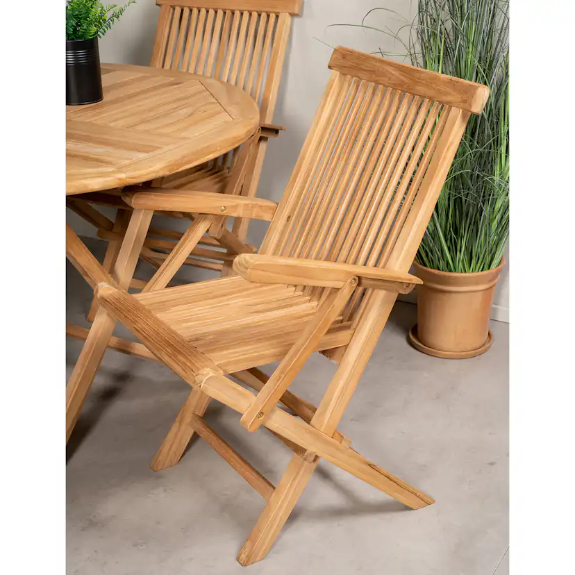 Matgrupp Venture Home Kenya Ø120 cm Teak med 4 Kenya Fällbara Stolar med Armstöd