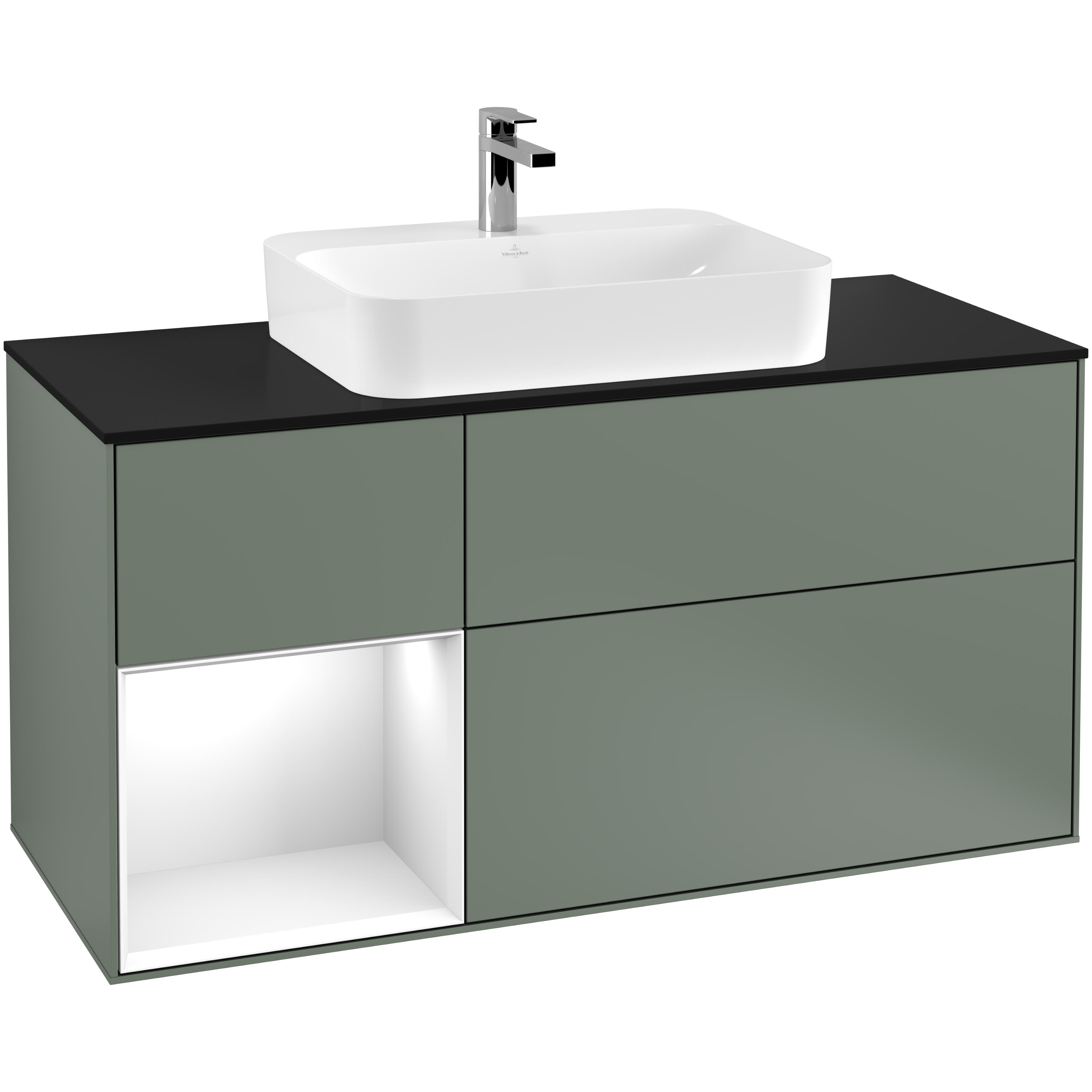 Tvättställsskåp Villeroy & Boch Finion F412GFGM Oliv Mattlack/Vit Högblank med bänkskiva i Mattsvart glas, Lucka Vänster