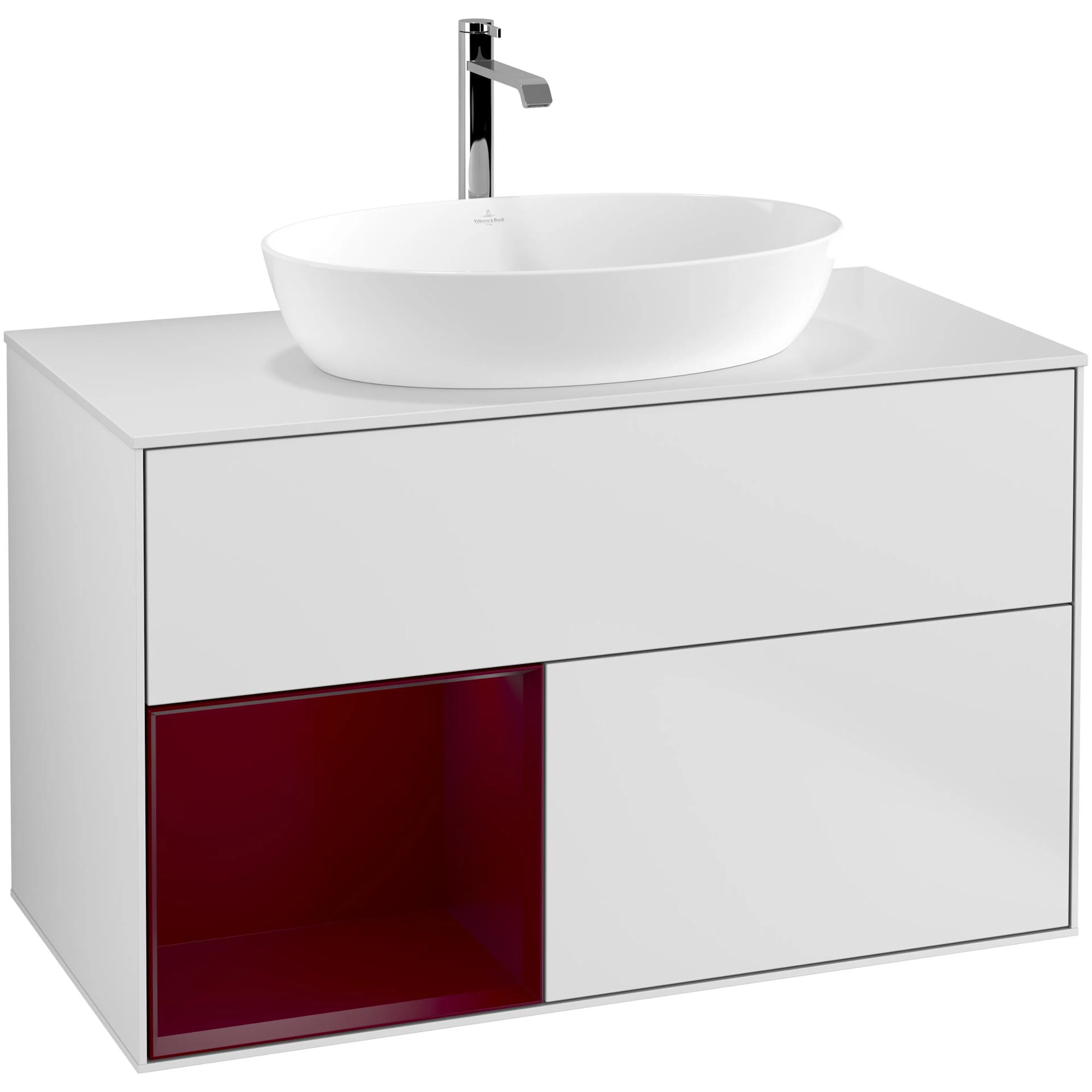 Tvättställsskåp Villeroy & Boch Finion G771HBMT Vit Mattlack/Pion Mattlack med bänkskiva i Mattvitt glas med Väggbelysning, Lucka Vänster Med Blandarhål