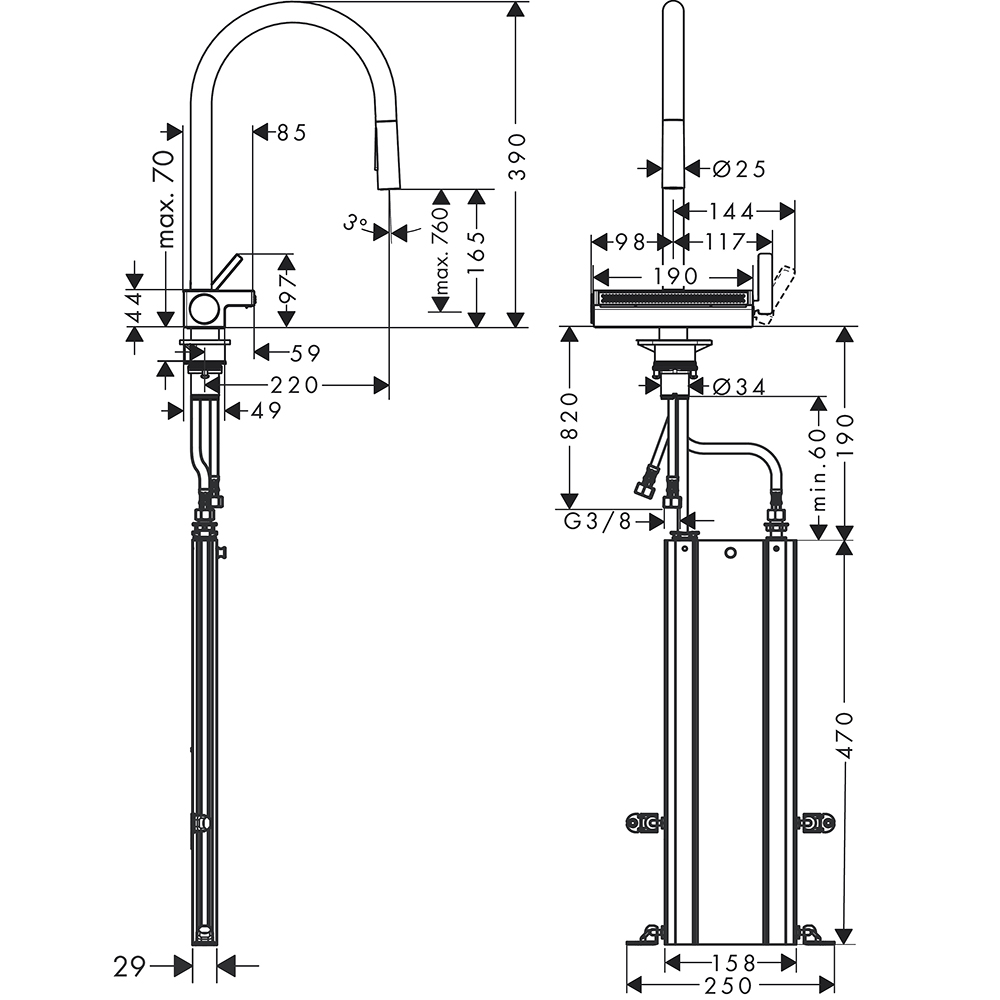 Köksblandare Hansgrohe Aquno Select M81 170 3-jet med Utdragbar pip
