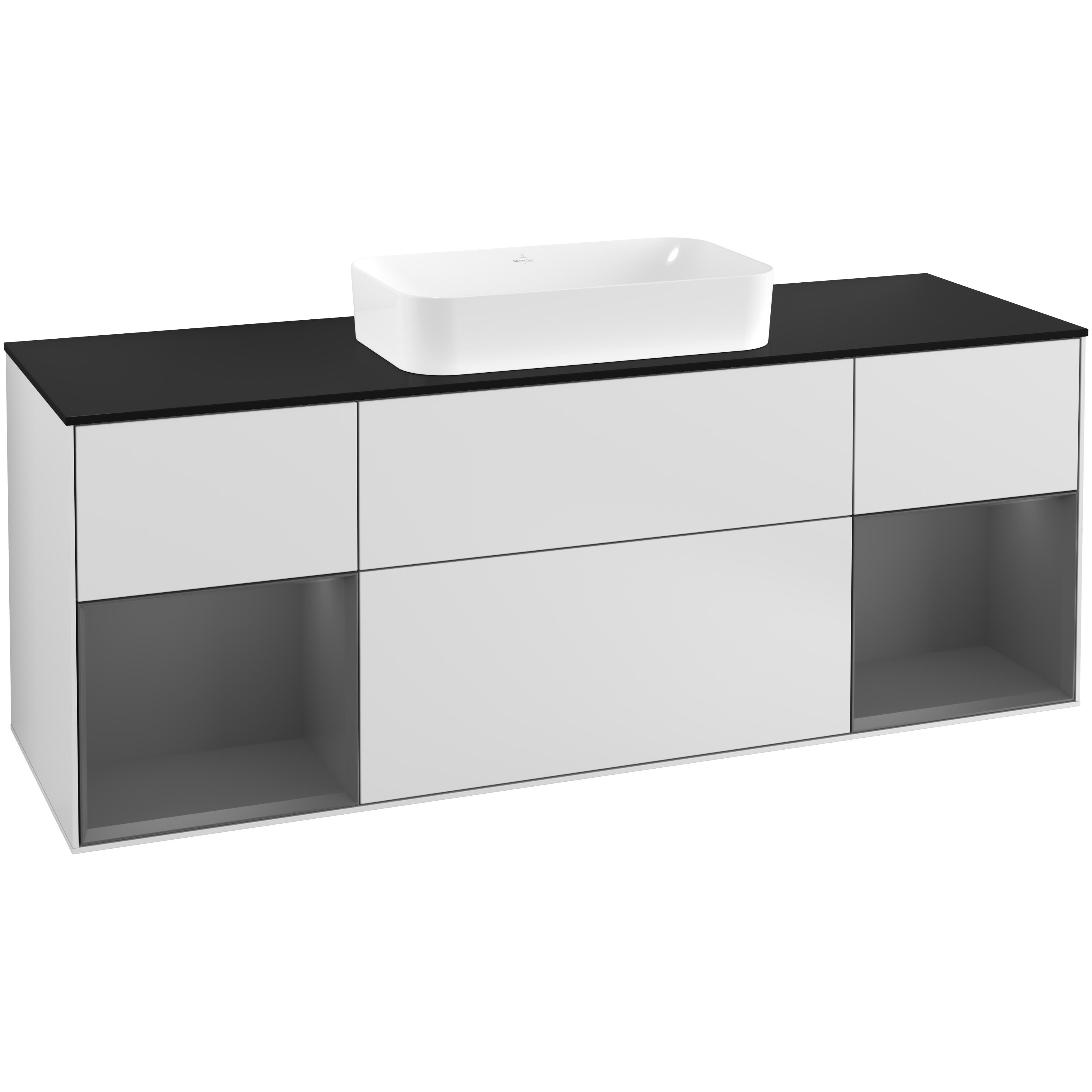 Tvättställsskåp Villeroy & Boch Finion F332GKMT Vit Mattlack/Antracitgrå Mattlack med bänkskiva i Mattsvart glas med Blandarhål