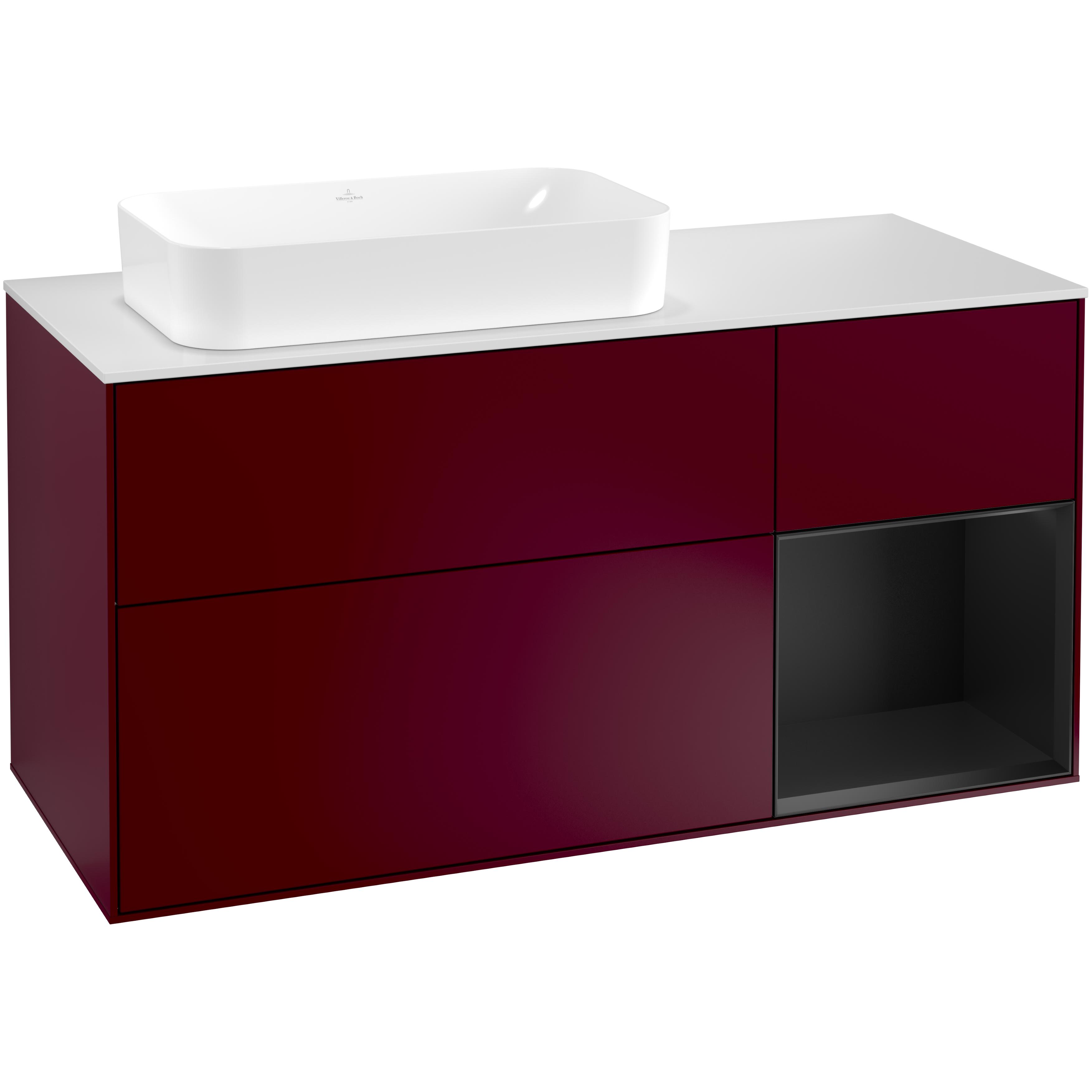 Tvättställsskåp Villeroy & Boch Finion F281PDHB Pion Mattlack/Svart Mattlack med bänkskiva i Mattvitt glas, Lucka Höger med Blandarhål