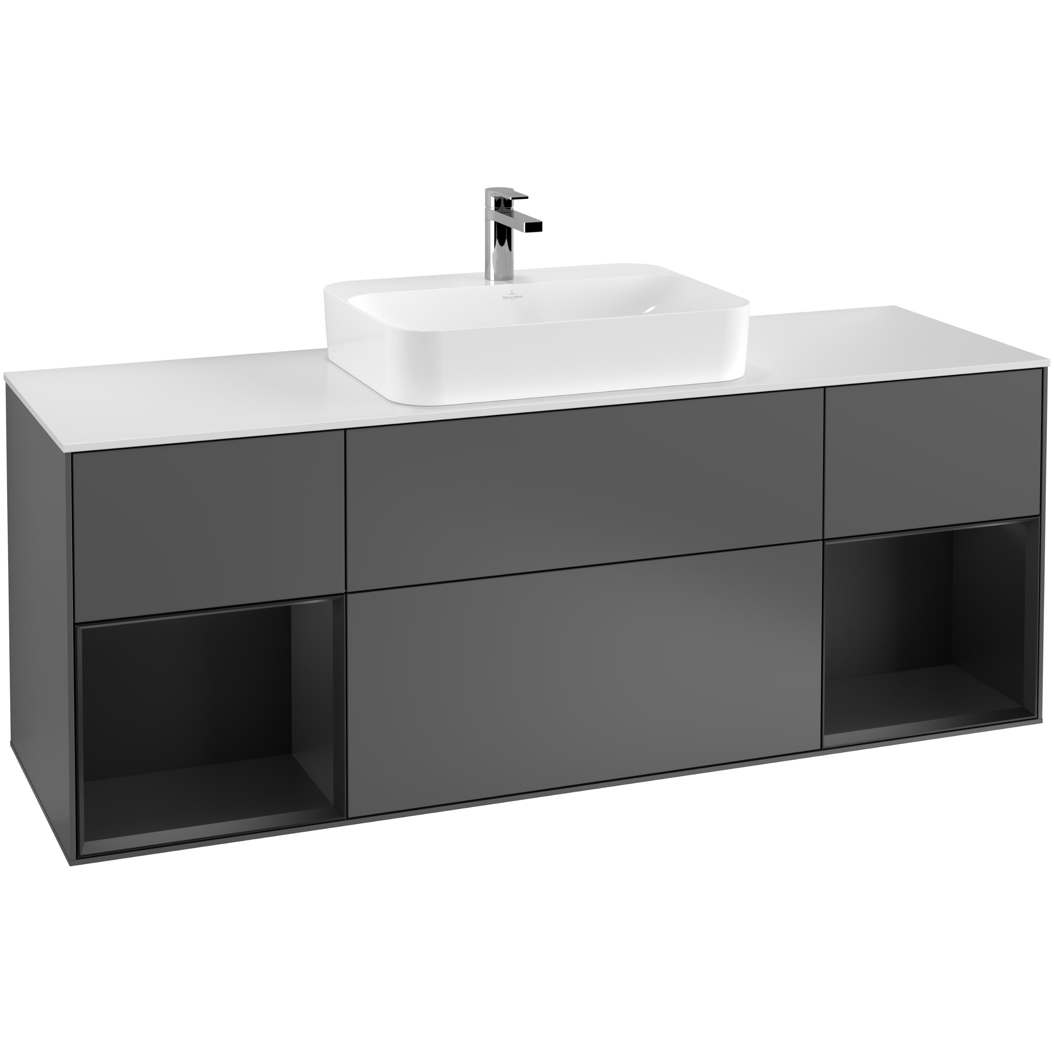 Tvättställsskåp Villeroy & Boch Finion G451PDGK Antracitgrå Mattlack/Svart Mattlack med bänkskiva i Mattvitt glas med Väggbelysning