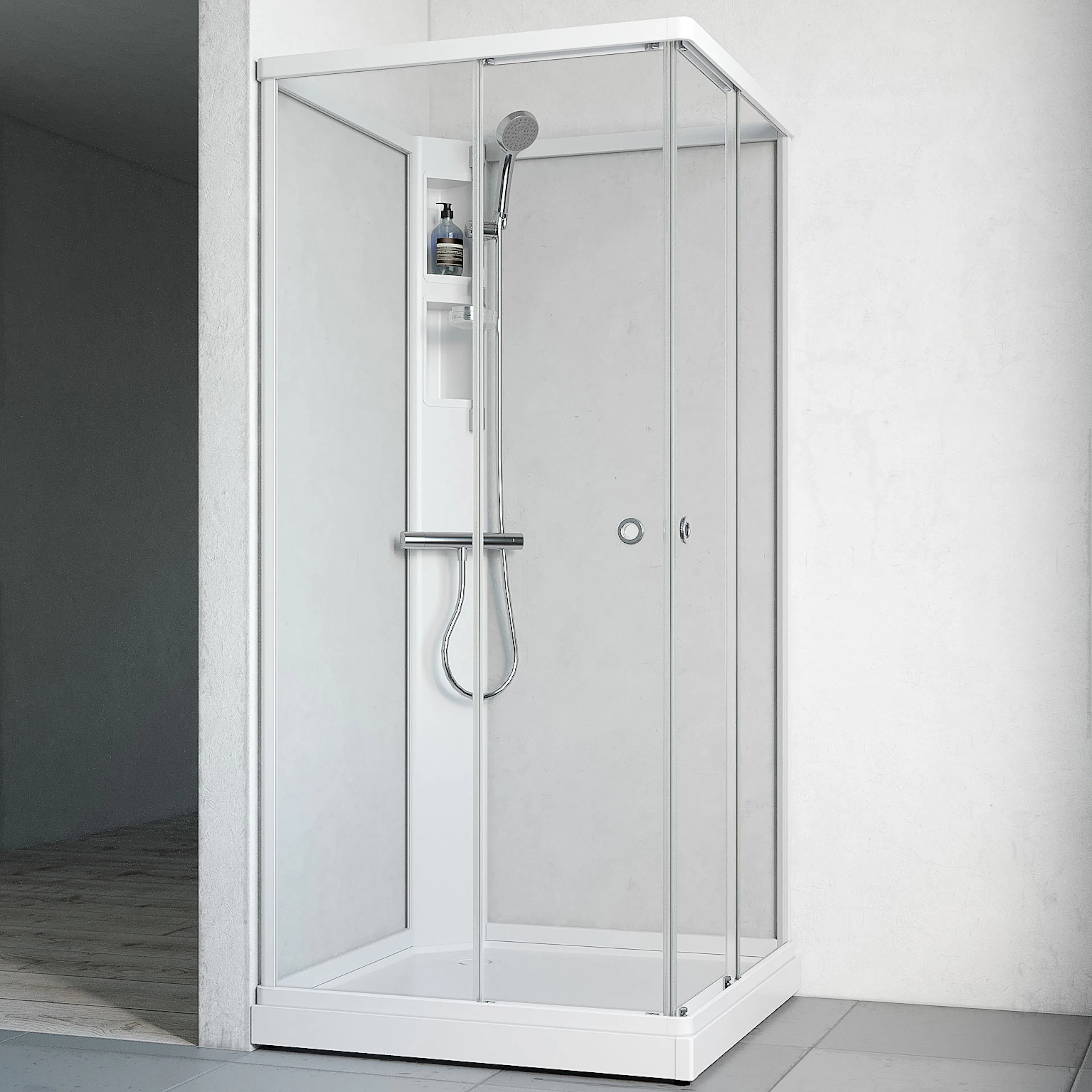 Flow kab Rak InkBl 8x8 V KLV 810x810 mm, Vit Profil, Klarglas/Vit bakvägg